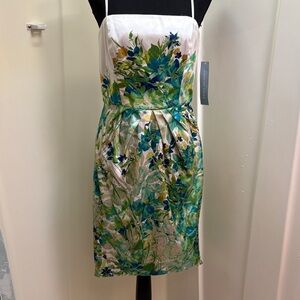 NWT chicLondon Times White Strapless Sheath Dress with Blue & Green Floral Print